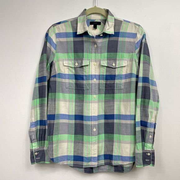 J.crew | plaid long sleeve button down S / 0 green , cream ,blue, gray - Picture 1 of 5